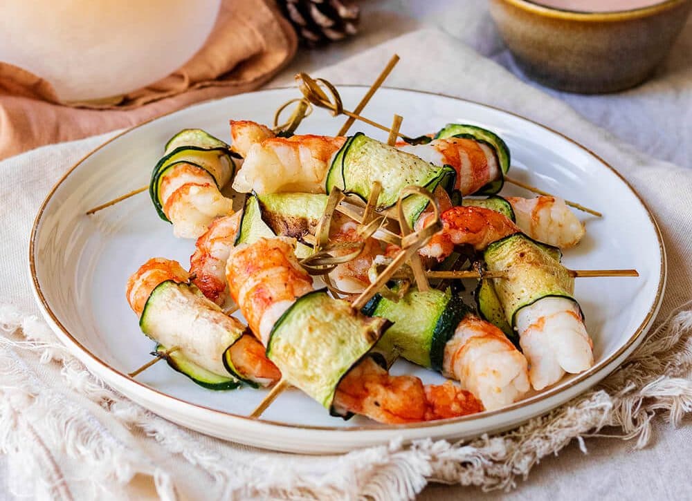 Brochetas de gamba con calabacín en Ollas GM y Cecofry